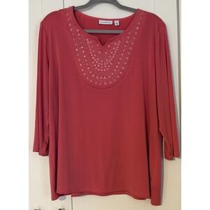 Susan Graver Blouse Womens XL Red Artisan Tunic Beaded Embellished Neck‎ Detail